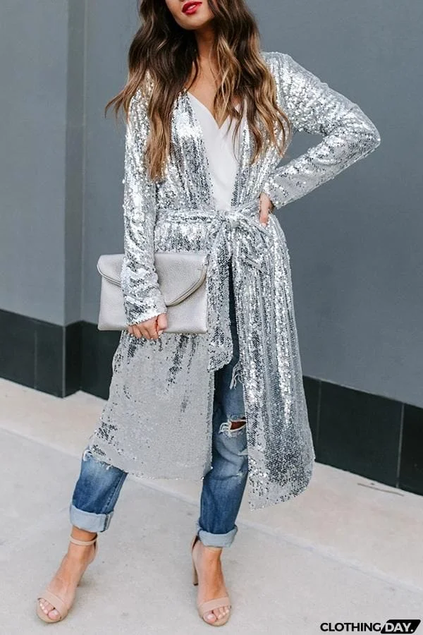 Sequin Collarless Belted Long Duster Coat