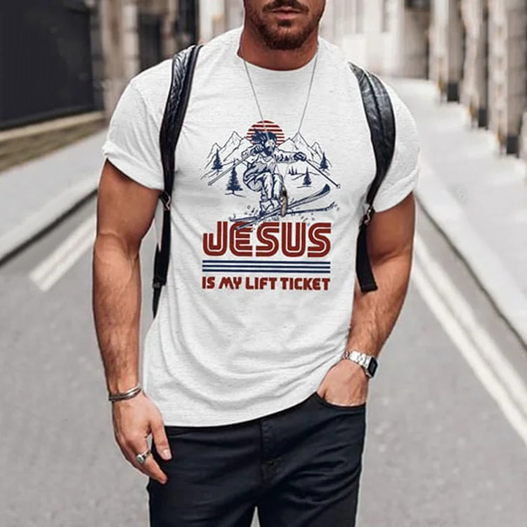 Comstylish Men's Ski Enthusiast "Jesus Is My Lift Ticket" Printed 100% Cotton Short Sleeve T-Shirt