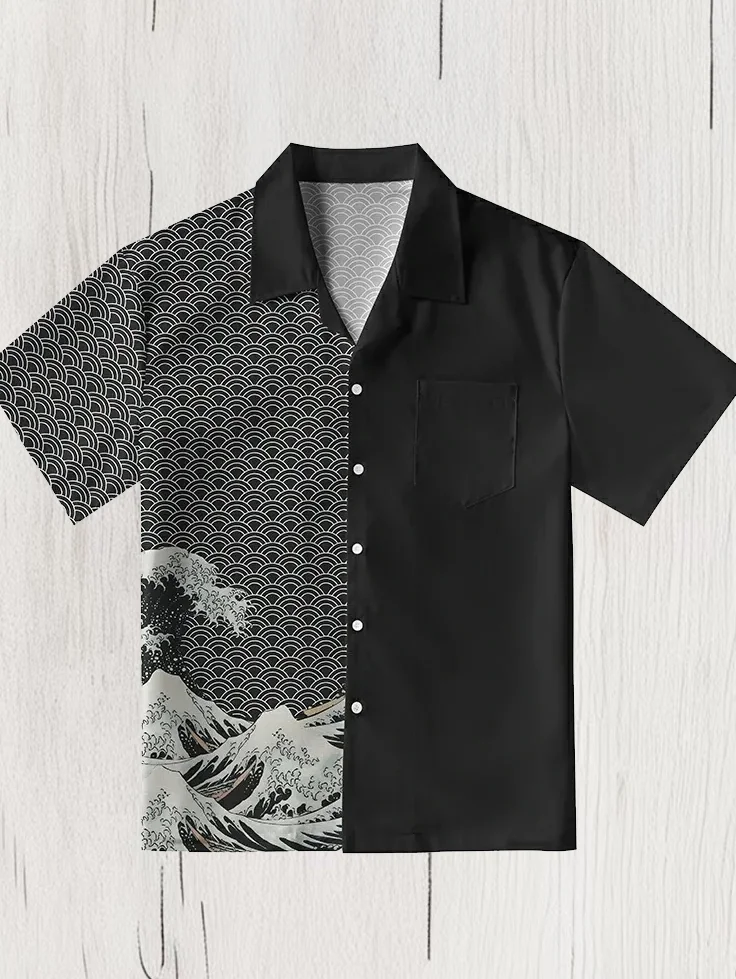 Men's Japanese Art Sea Waves Pattern Short Sleeve Shirt