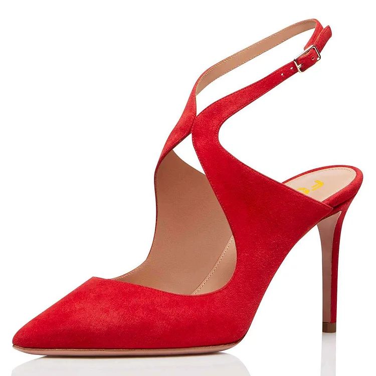 Red Vegan Suede Slingback Pumps Stiletto Heel Pointy Toe |FSJ Shoes