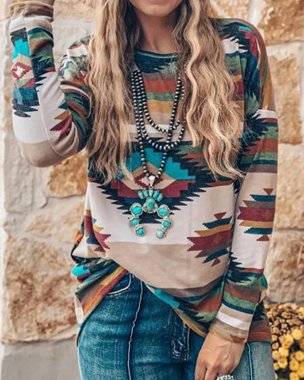 Bohemian Crew Neck Loose Long Sleeve Top