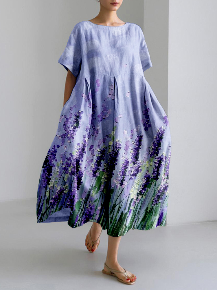 Lavender Painting Art Linen Blend Maxi Dress