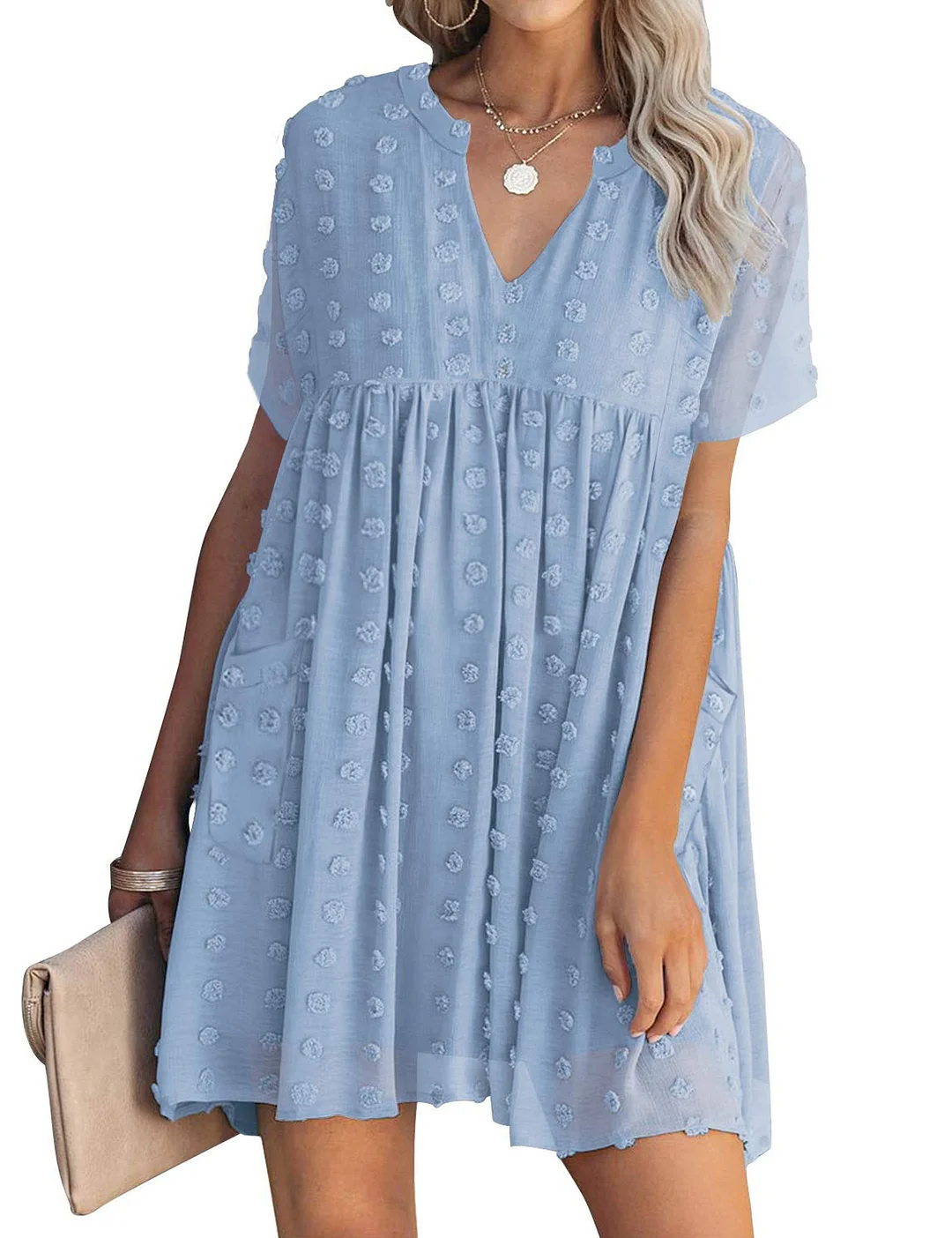 MIHOLL Women's V Neck Short Sleeve Ruffle Loose Summer Flowy Mini Dress