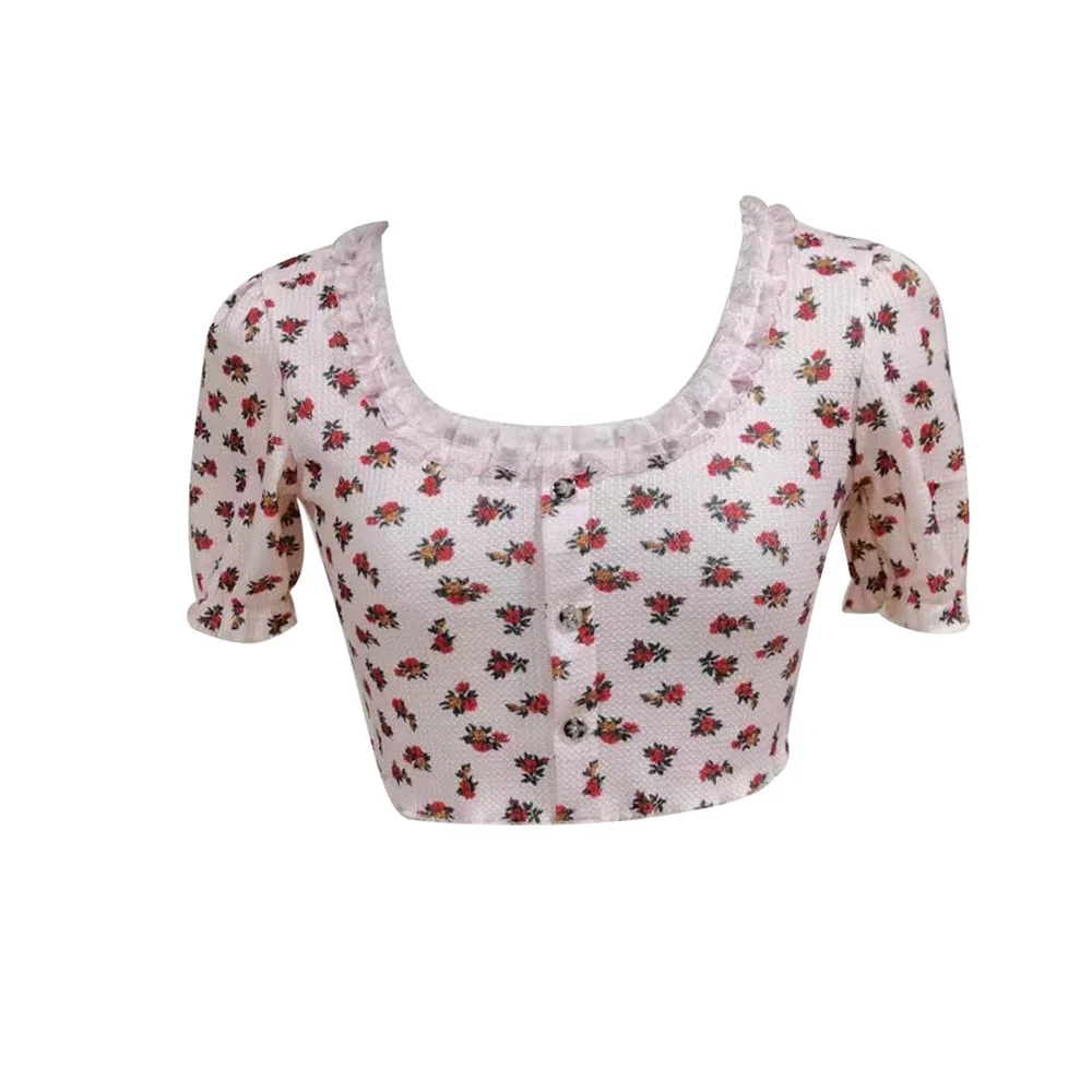 Elegant Women Summer Ribbed Single-Breasted T-Shirts Floral Short Puff Sleeves Button-Open Crop Tops With Lace Trim