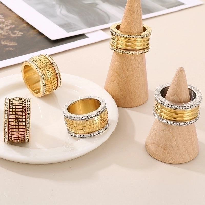 Lady Roman Numeral Titanium Steel Rhinestones 18K Gold Plated Inlay Rings
