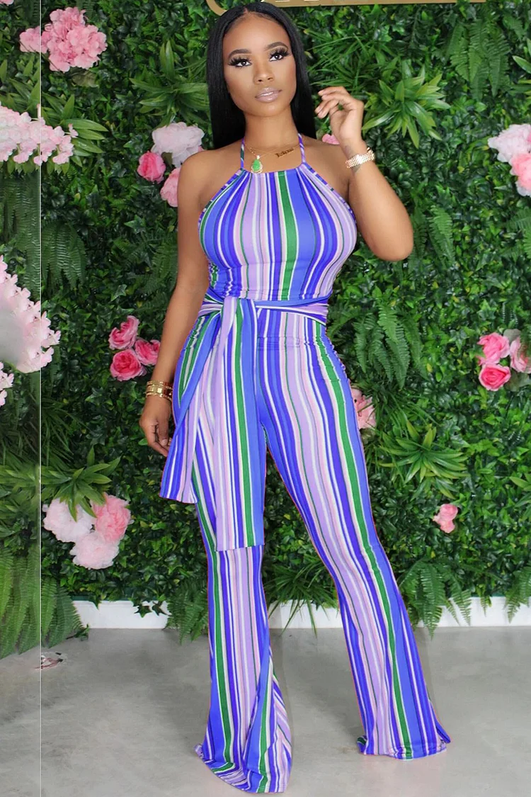 Halter Backless Striped Knotted Flare Leg Vacation Jumpsuit