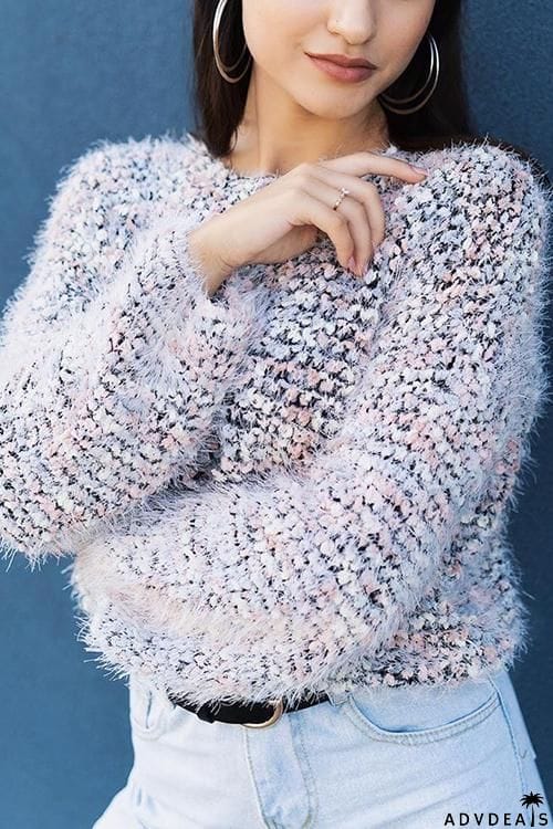 Fuzzy O Neck Long Sleeve Sweater