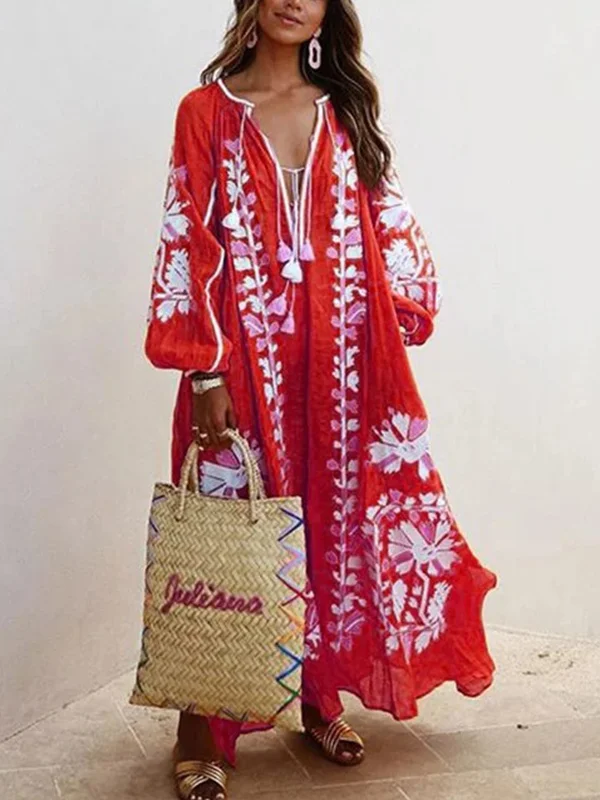 V-Neck Long Sleeve Printed Maxi Dress - yankia