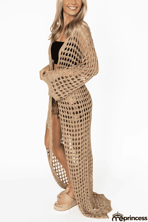 Knitted Pierced Solid Color Beach Coat