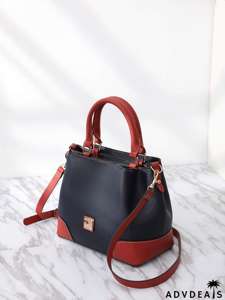 Colorblock Pattern Stitch Trim Tote Bag