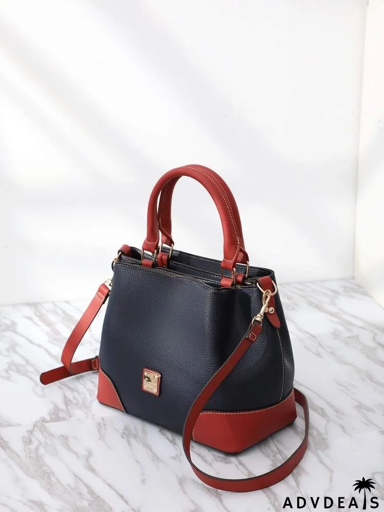 Colorblock Pattern Stitch Trim Tote Bag