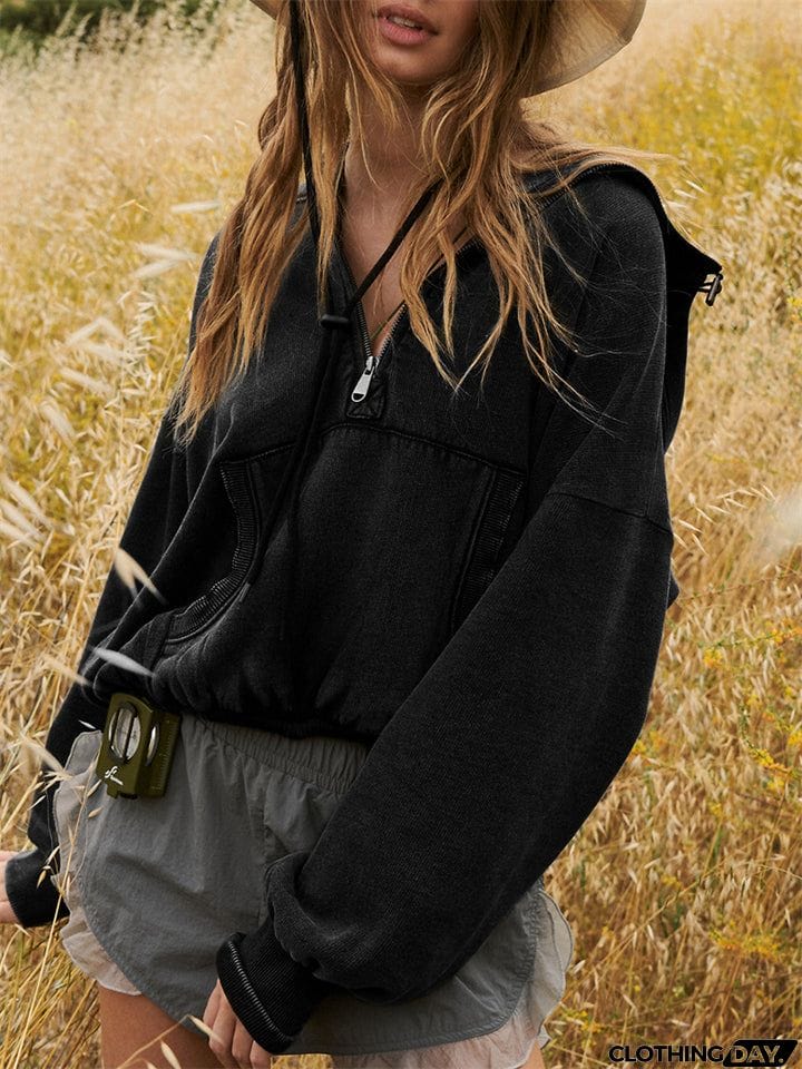 Female Trendy Long Sleeve Zipper Drawstring Sports Hoodies