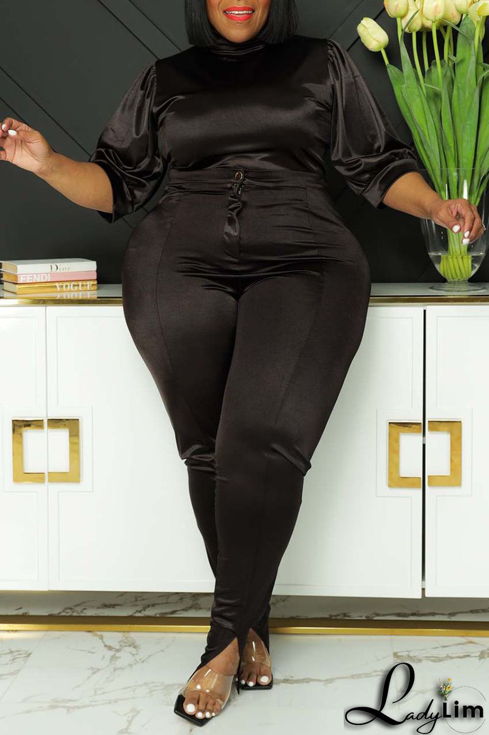 Coffee Casual Solid Patchwork Half A Turtleneck Plus Size Two Pieces