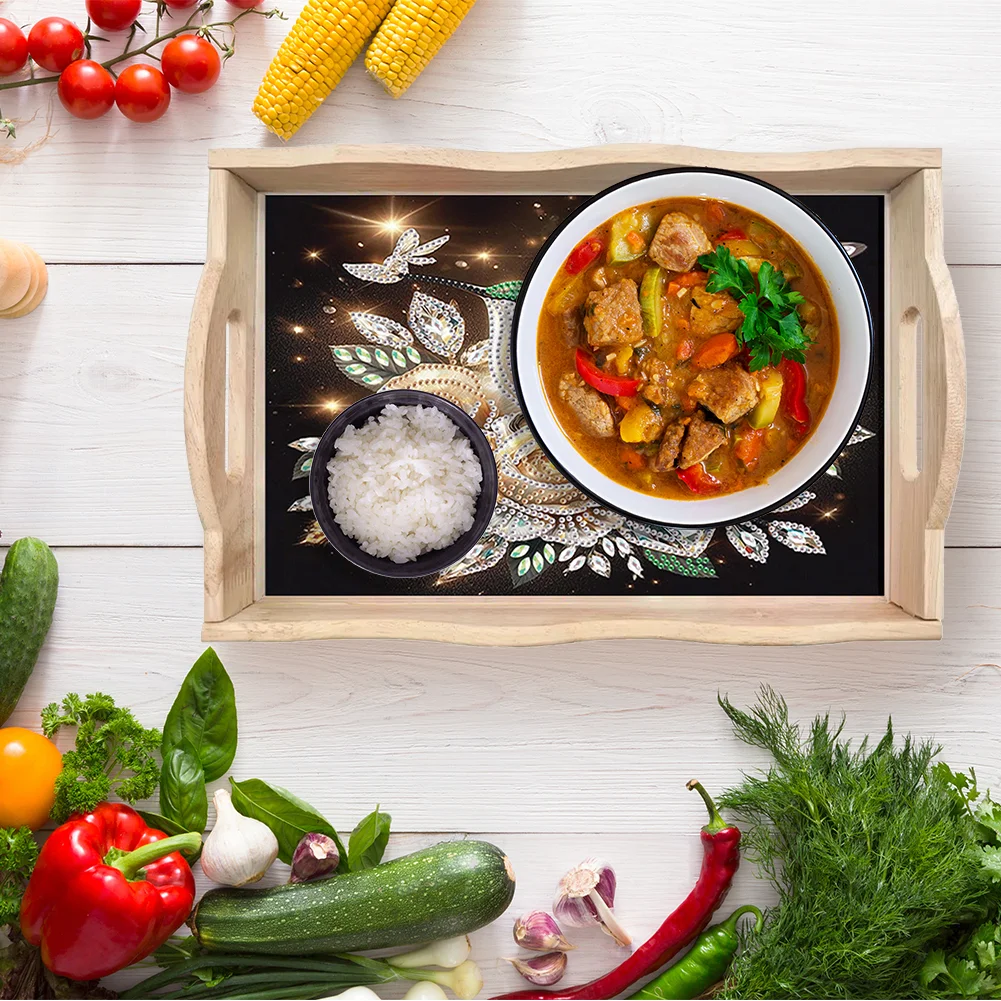 5D DIY Flower Hummingbird Diamond Painting Wooden Serving Tray with Handle for Desk