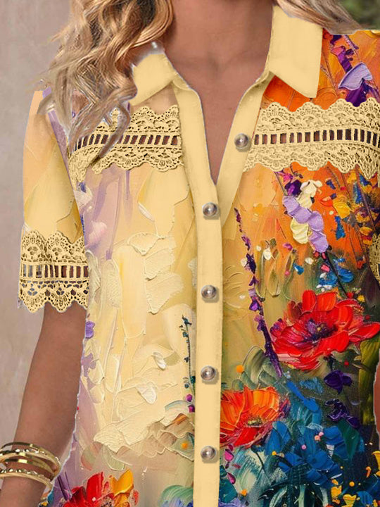 Women's Short Sleeve V-neck Lace Stitching Graphic Hollow Buttons Top