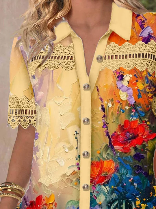 Women's Short Sleeve V-neck Lace Stitching Graphic Hollow Buttons Top