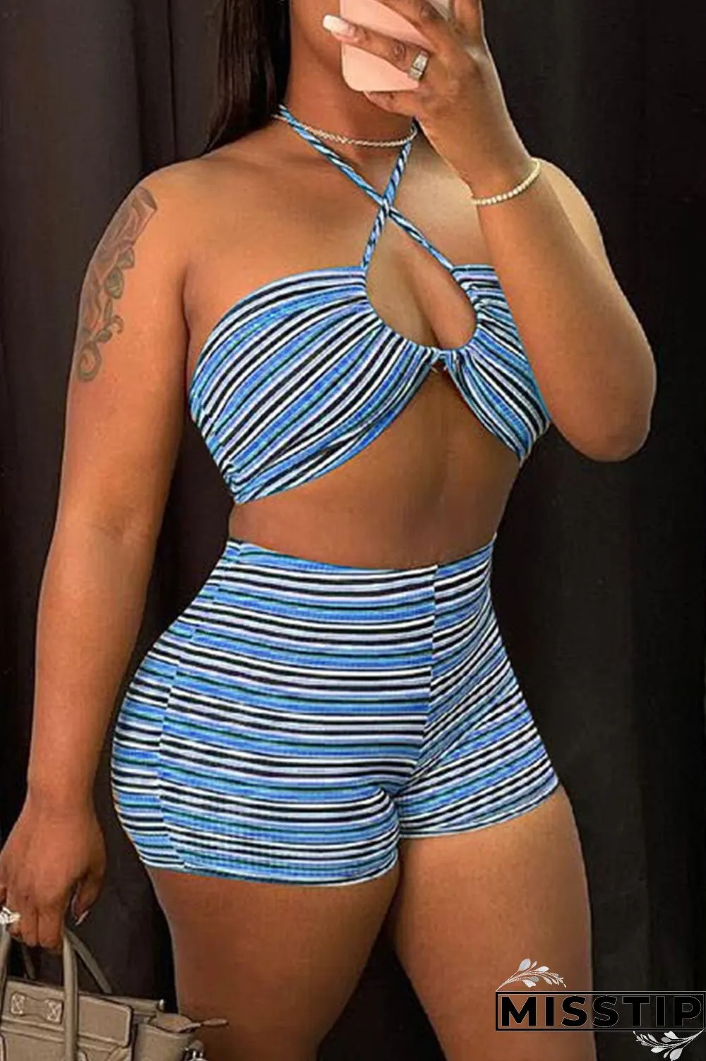 Pale Red Fashion Sexy Striped Print Hollowed Out Backless Halter Sleeveless Two Pieces