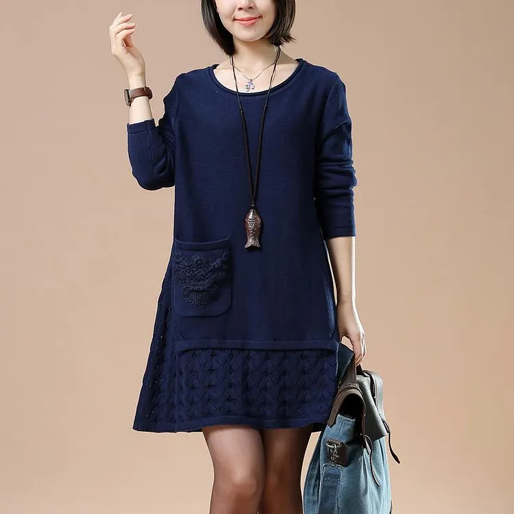 Solid navy sweater shift dresses knitted winter dress