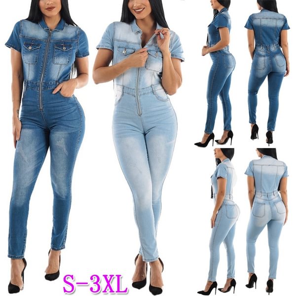 Fashion Short Sleeve Jumpsuits High Waist Jeans Women Denim Overalls Shirt Rompers Pants Jeans Bodysuit Plus Size S-3XL - Shop Trendy Women's Fashion | TeeYours