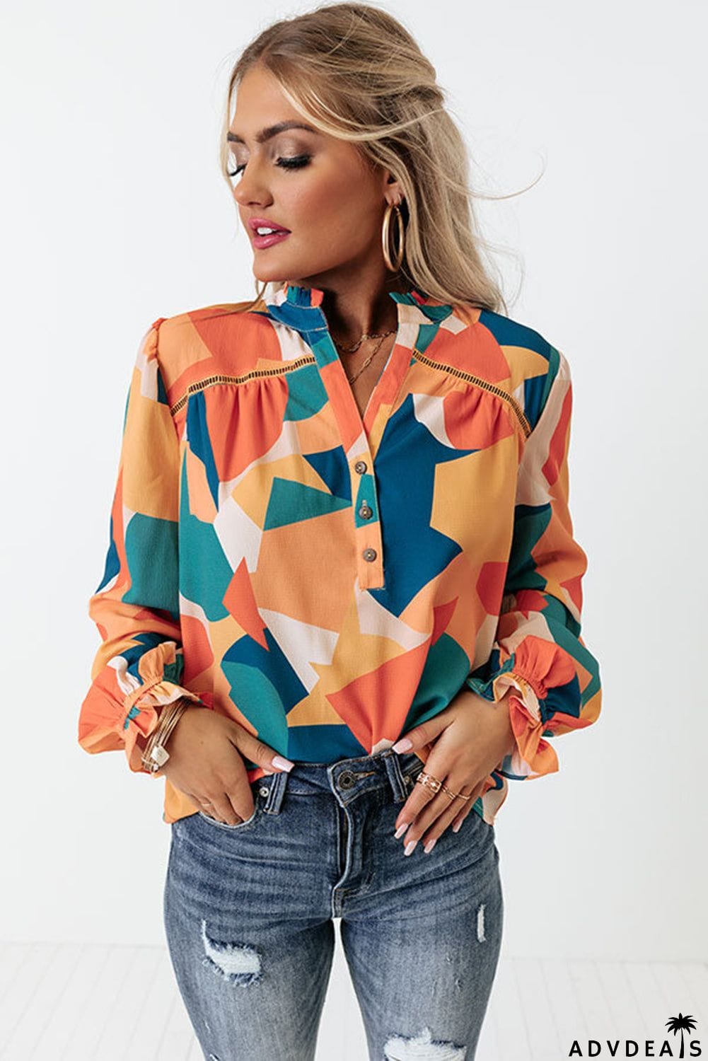 Geometric Patchwork Print Half Buttoned Blouse