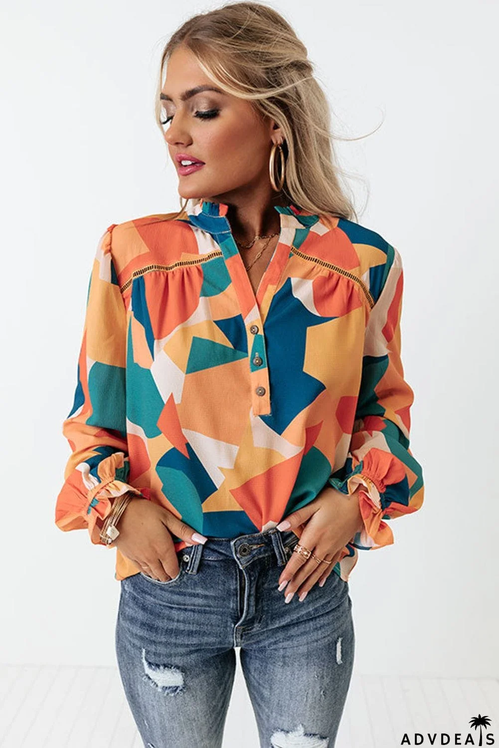 Geometric Patchwork Print Half Buttoned Blouse