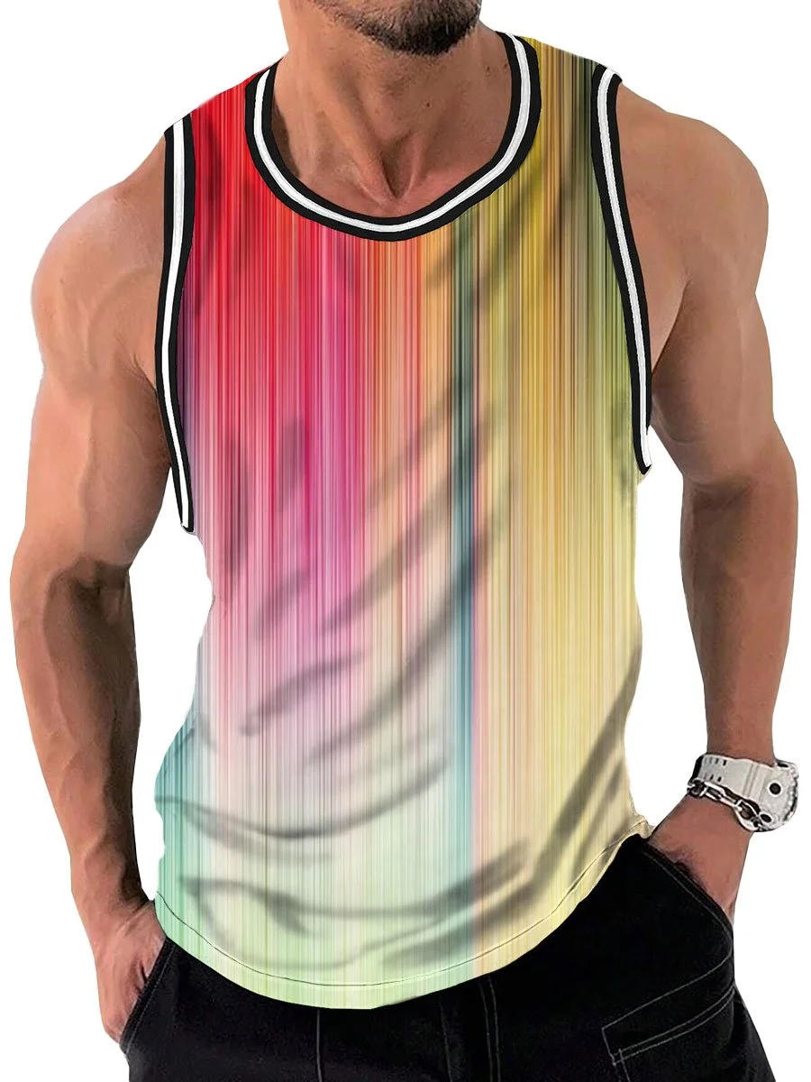 Men's Colorful Line Printed Round Neck Casual Tank Top