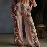 Women's Floral Embroidered Art Print Flowy Linen Blend Casual Pants - Image 2