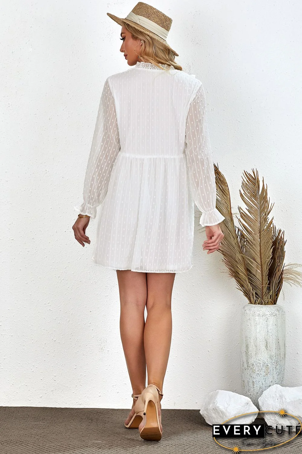 White Swiss Dot Ruffle V Neck Mini Dress