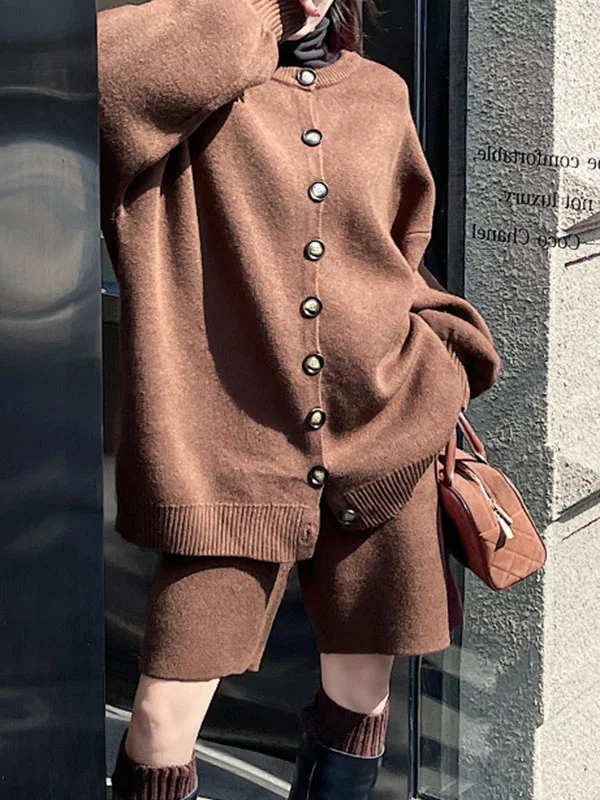 Round-Neck Long Sleeves Loose Buttoned Sweater Top + Drawstring Shorts Bottom Two Pieces Set