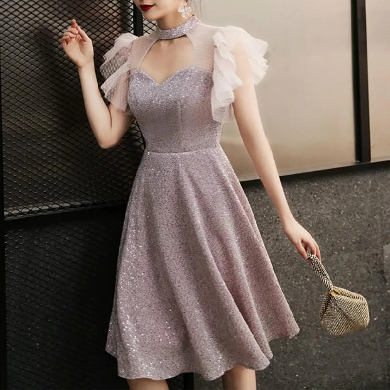 Pink Elegant Paillette Choker Party Dress SP14699
