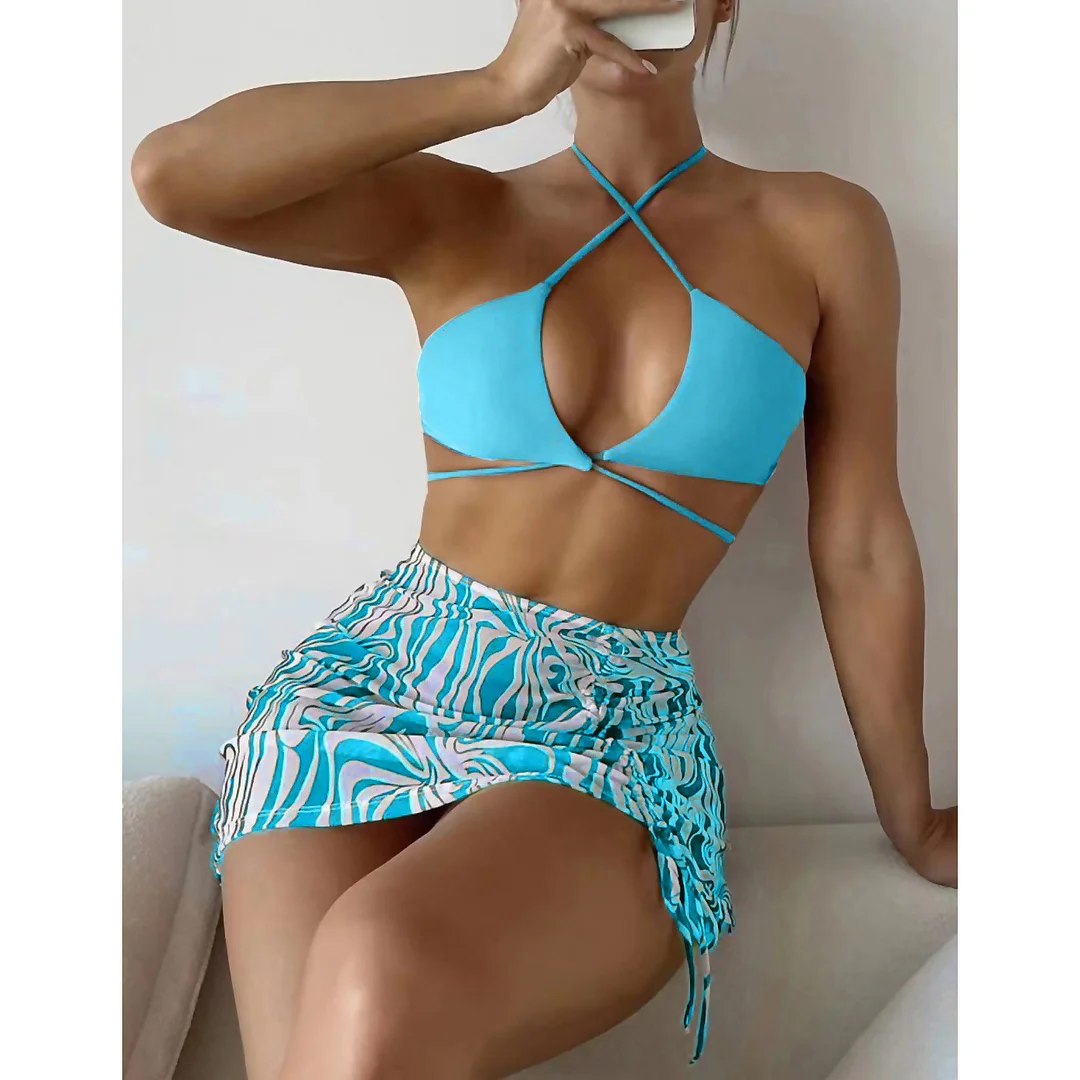 Uveng Uveng New Bikini Sexy Mesh Gathered Solid Color Split Three-Piece Beach Swimsuit