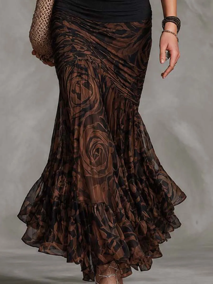 Vestido vintage de duas peças em malha canelada e chiffon floral com detalhes franzidos e saia sereia maxi - vista detalhada