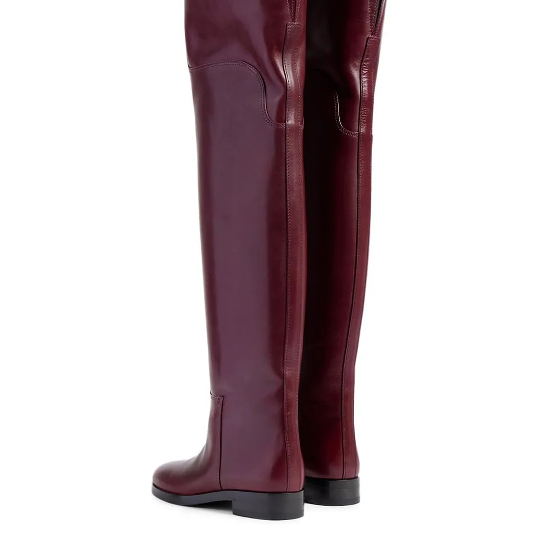 YDN Simple Maroon Round Toe Wide Calf Flat Thigh High Boots