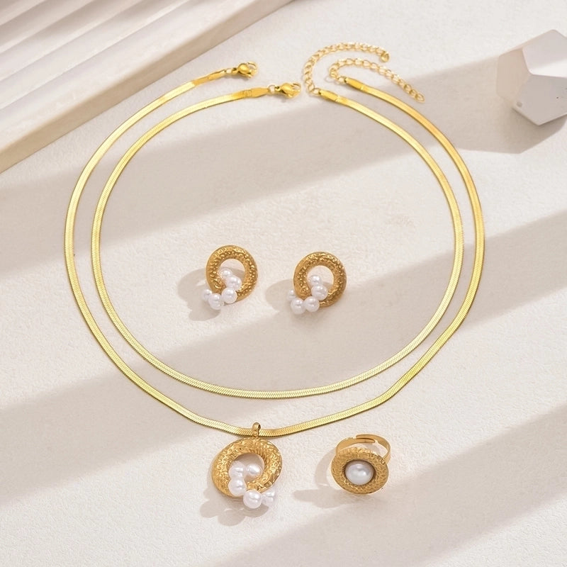 Elegant French Style Geometric 201 Stainless Steel Pearl 18K Gold Plated Inlay Stainless Steel Jewelry Sets