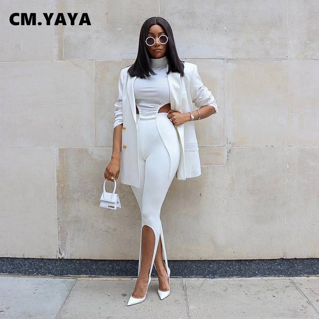 CM.YAYA Women Knit Solid High Slit Legging Pants Streetwear Party High Waist Trousers
