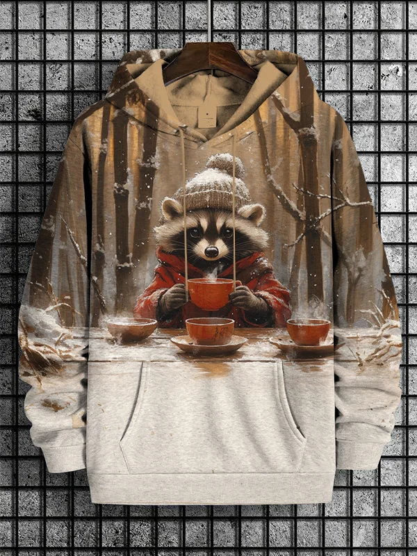 Men's Winter Raccoon Drinking Tea Art Print Hooded Sweatshirt