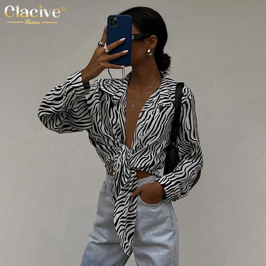 Clacive Vitnage Stripe Lapel Women'S Shirt Autumn Long Sleeve Office Fashion Woman Blouses 2021 High Street Shirt Top Female