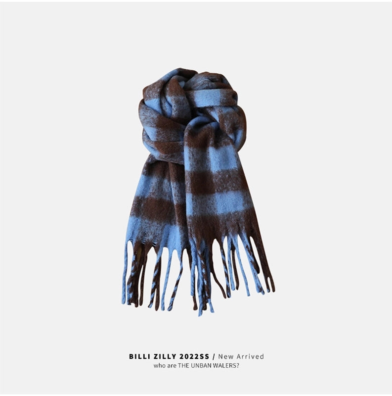 Rainbow Plaid Tassel Scarf For Women Autumn And Winter Famous Color Matching Cashmere Mohair Shawl Thickened Scarf