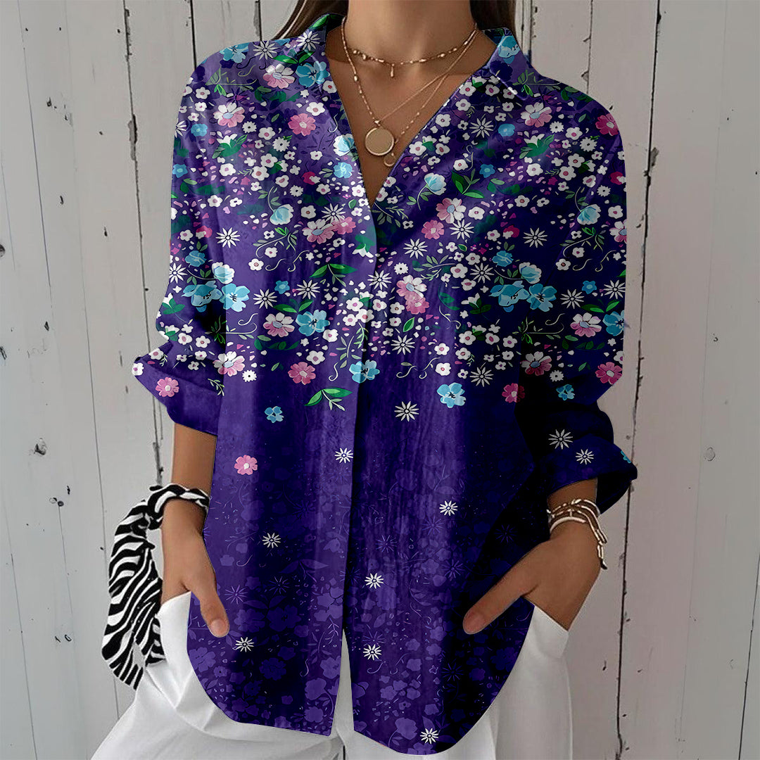 Women Long Sleeve V-neck Graphic Floral Printed Top