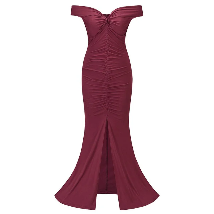 Promsstyle Off shoulder twisted ruching front slit plain maxi evening dress Prom Dress 2023