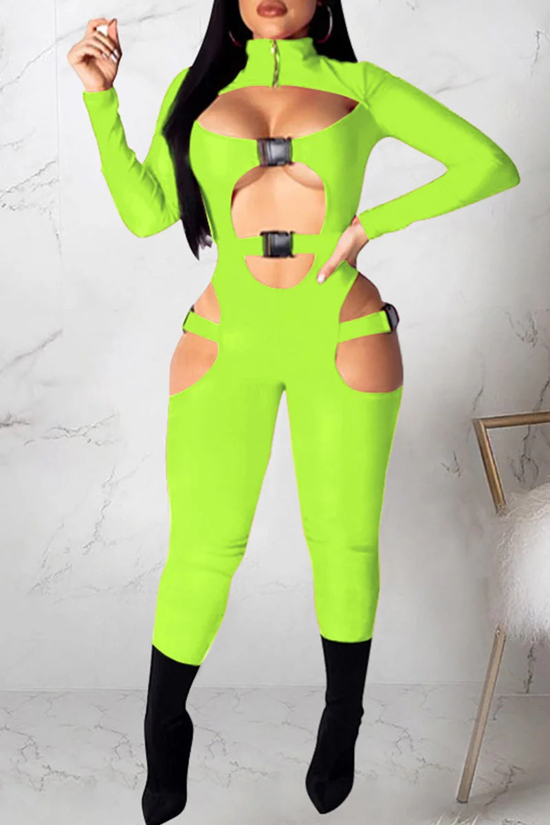 Sexy Casual Solid Hollowed Out Split Joint Turtleneck Skinny Jumpsuits