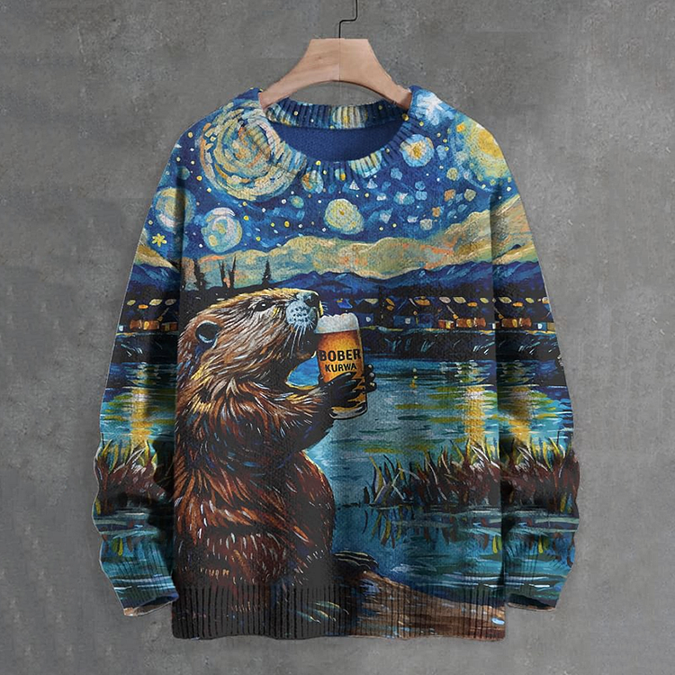 Men's Otter Drinking Beer Night Starry Sky Art Print Knit Sweatshirt