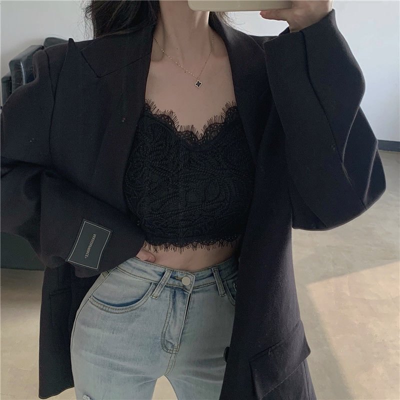 Lace Women's Tube Top Crop Top Sexy Thin Strap Tank Top With Breast Pad Solid Color Back White Basic Shirt 2021 Fashion