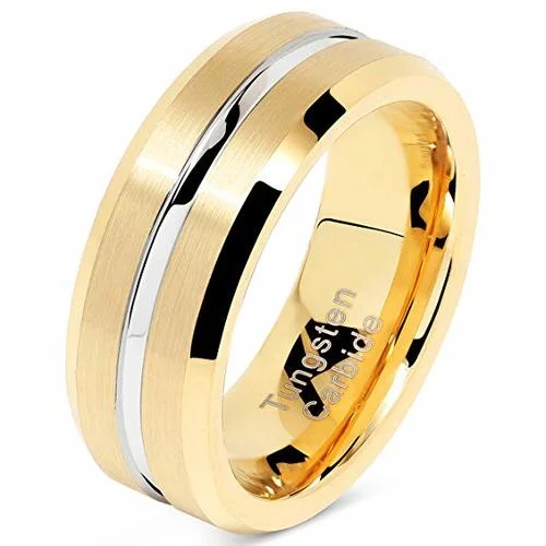 14K Yellow Gold With Silver Groove High Polish Finish Tungsten Carbide Rings 6MM 8MM