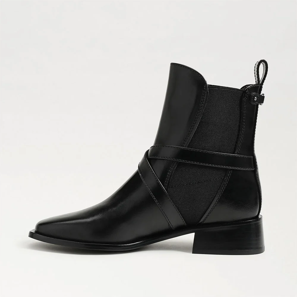 Classic Black Square Toe Chunky Heel Short Boots for Women with Buckle