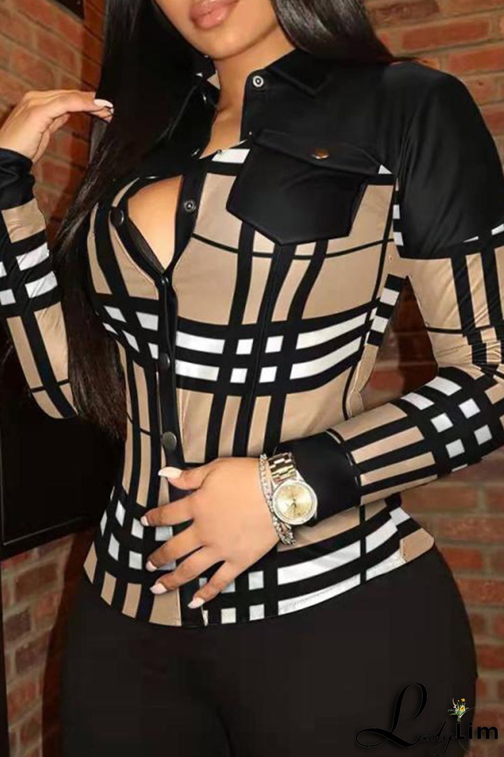 Blue Fashion Casual Print Patchwork Turndown Collar Tops