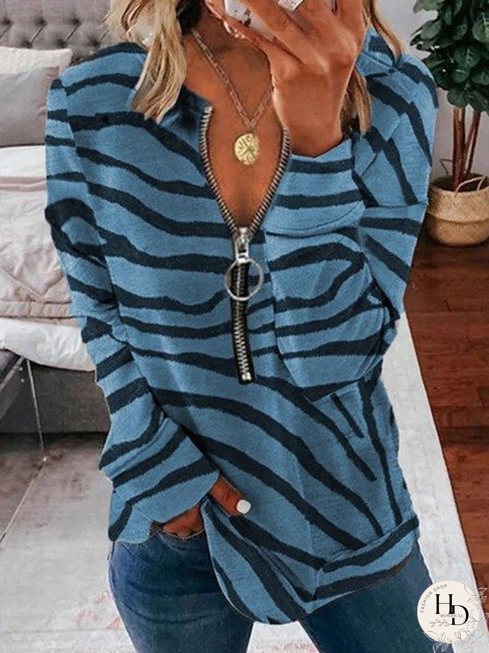 Vintage Zebra Printed Long Sleeve Zipper V Neck Plus Size Casual Sweatshirts