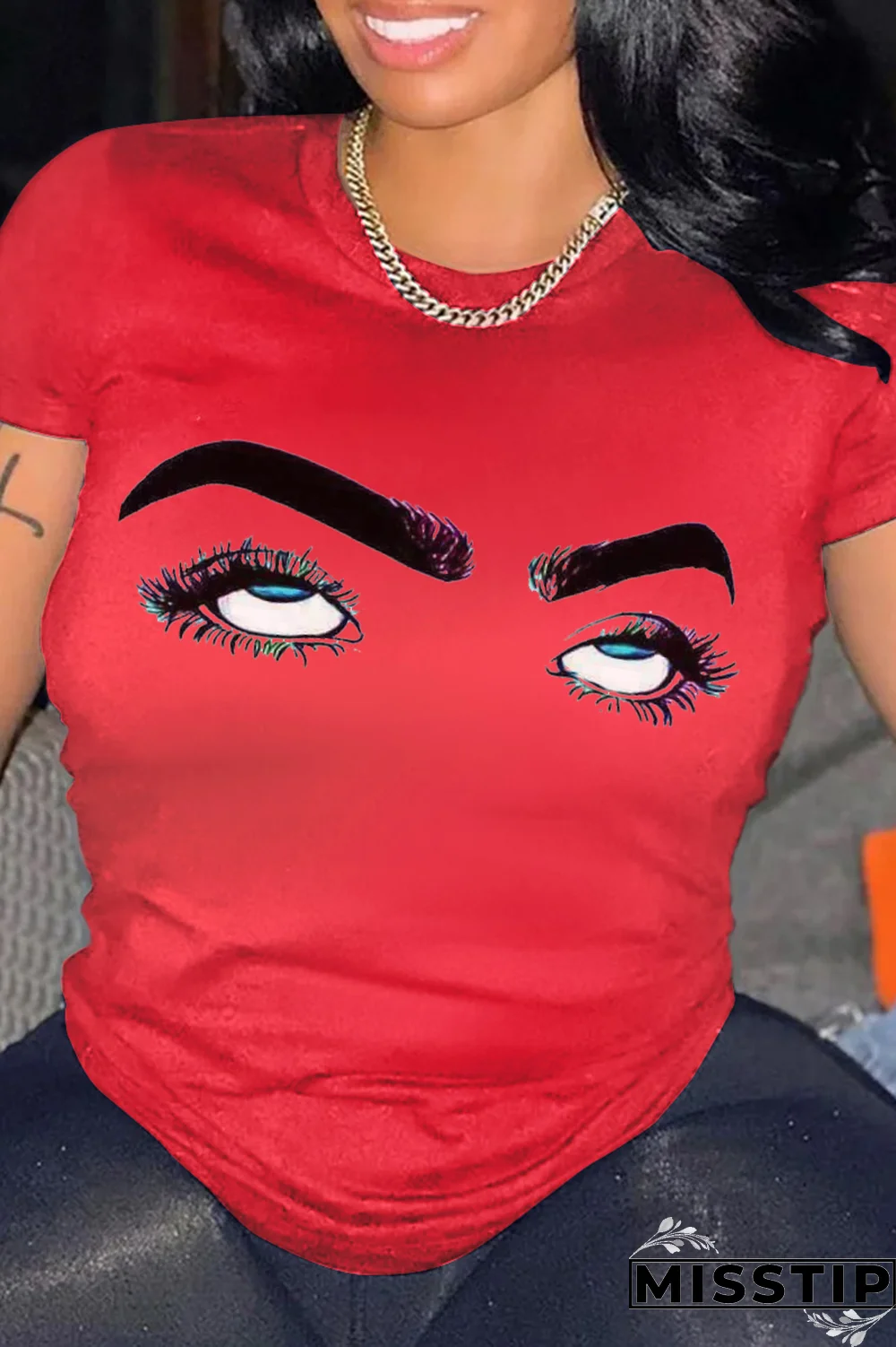 Navy Blue Street Print Patchwork O Neck T-Shirts