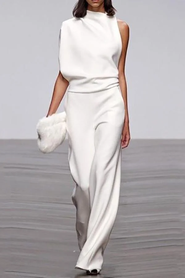 Womens Stylish Solid Color One Shoulder Jumpsuit-Allyzone-Allyzone