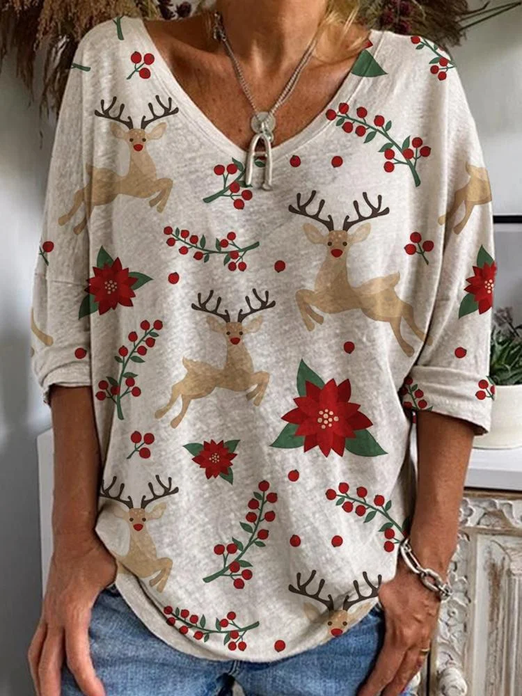 Women's Christmas Elk Printed Half Sleeved V-Neck T-Shirt